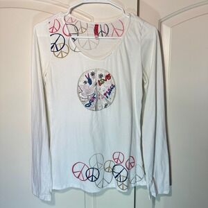 Trixie Y2K Peace Sign Graphic Long Sleeve Top Embroidered Beaded Love Small